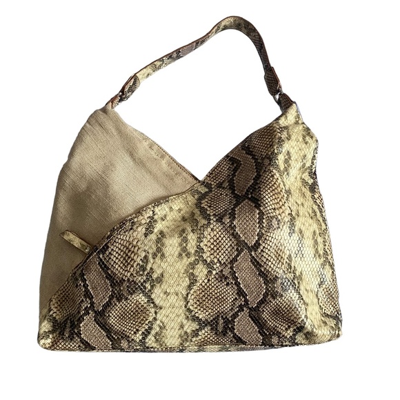 Ann Klein Canvas and Snake print faux leather hobo bag beige neutral tones - Picture 2 of 7
